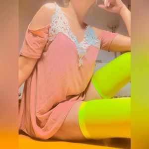 Peach crotchet neckline loose fit open shoulder casual short sleeves dress top